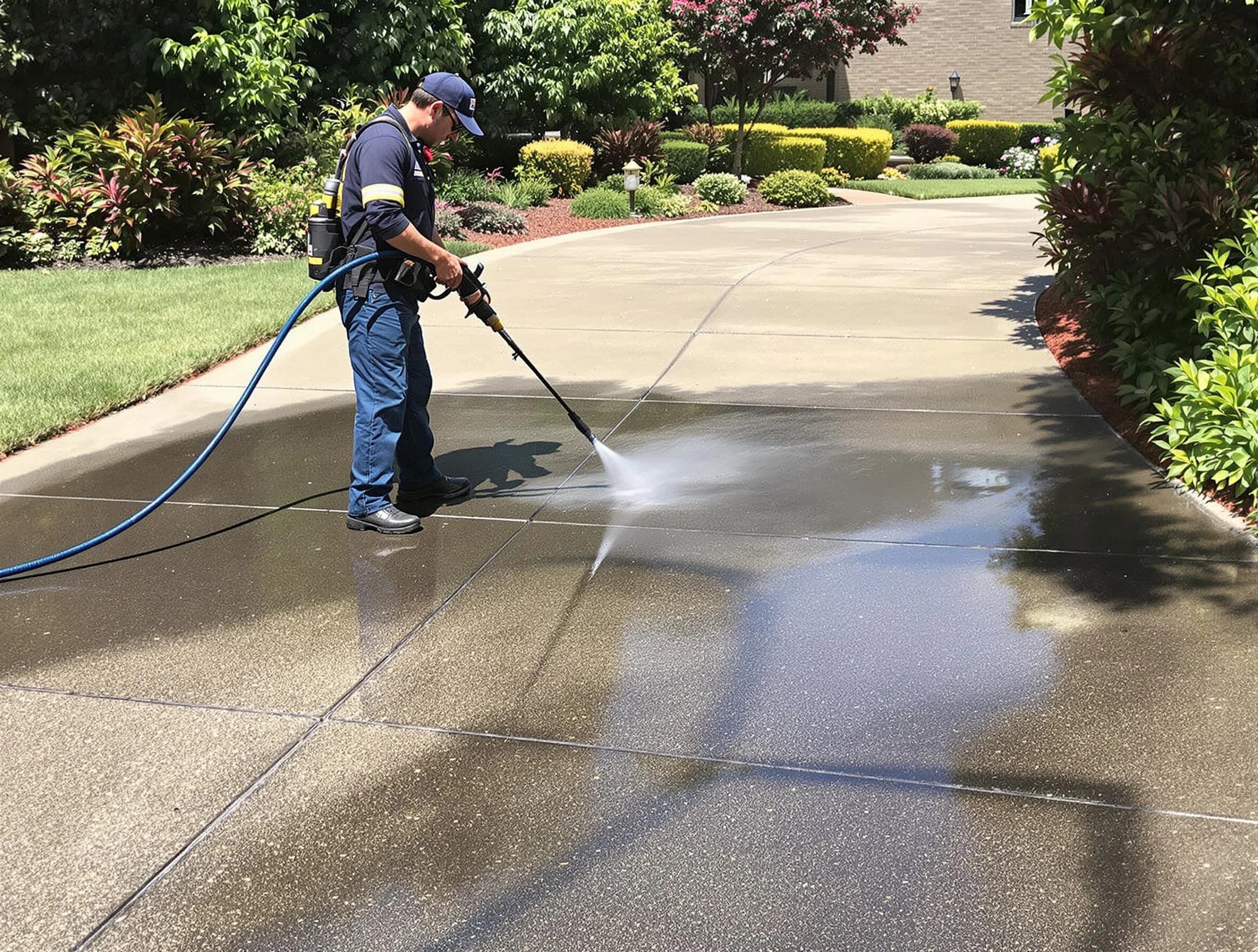 Experienced Tallmadge Power Washing team member pressure washing a driveway in Tallmadge